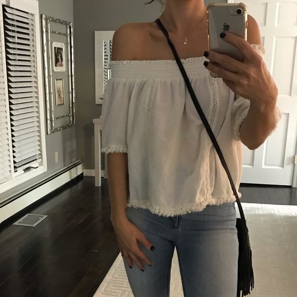 aerie Tops - Aerie off white fringe trim off the shoulder shirt